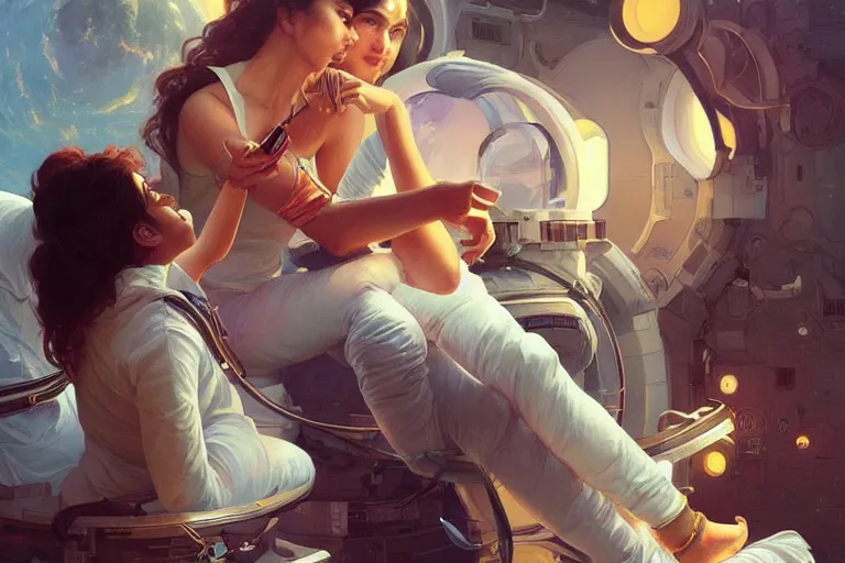 Image similar to Sensual good looking pale young Indian doctors wearing jeans partying in a space station above Earth performing surgery, portrait, elegant, intricate, digital painting, artstation, concept art, smooth, sharp focus, illustration, art by artgerm and greg rutkowski and alphonse mucha