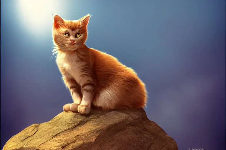 Image similar to cat standing on a rock, backlighting, digital art, trending on artstation, fanart, by wayne mclouglin