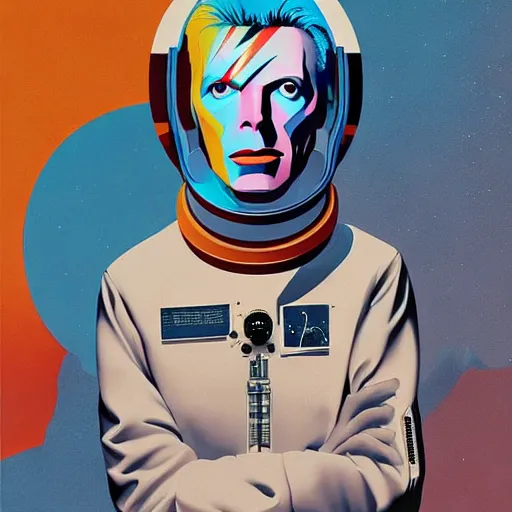 Prompt: portrait of david bowie in astronaut suit by Andy warhol and Petros Afshar and Beeple, Edward Hopper and James Gilleard, Zdzislaw Beksinski, Mark Ryden, Wolfgang Lettl highly detailed