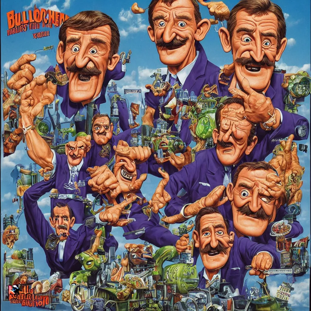 Image similar to promotional art for the movie'unless you hate bullruns ', barry chuckle preparing a batch of purple oil drink, hyperreal detailed facial features and uv lighting, art by ed roth and basil wolverton