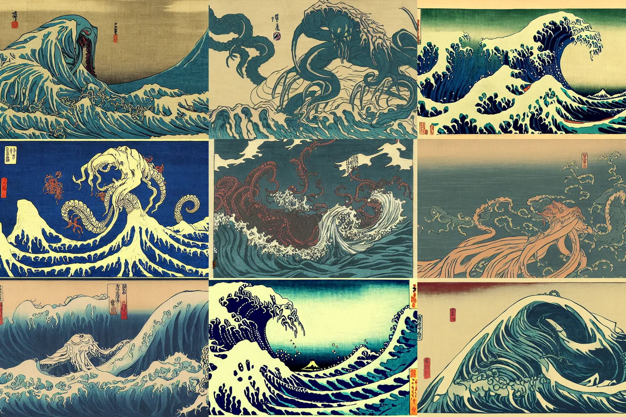 Prompt: cthulhu at the edo, painting by katsushika hokusai