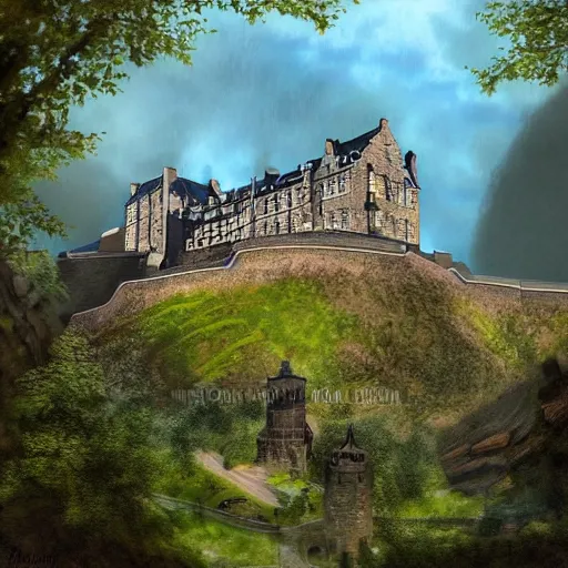 Image similar to a beautiful digital graphics design portrait of Edinburgh castle in Edinburgh. Edinburgh gardens overgrown with plants, caledonian forest, matte painting, fantasy art, highly detailed