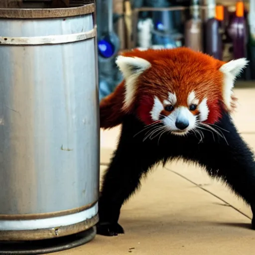 Image similar to a red panda doing a handstand on a keg