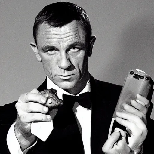 Prompt: james bond holding a banana, facing camera