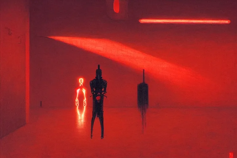 Image similar to only with red, a red cyborg samurai, tokio futuristic in background, some evil yokai fight, in the style of beksinski, parts by edward hopper, parts by rodcenko, parts by yue minjun, intricate and epic composition, red by caravaggio, insanely quality, highly detailed, masterpiece, red light, artstation, 4 k