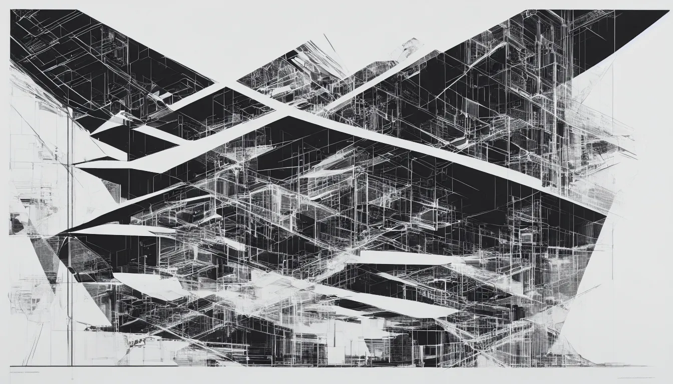 Prompt: impossible architectural by zaha hadid, a screenprint by robert rauschenberg, behance contest winner, deconstructivism, da vinci, constructivism, greeble
