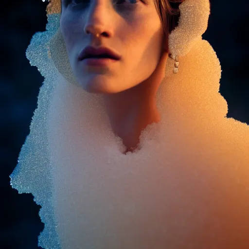 Image similar to photographic portrait of a stunningly beautiful renaissance female in soft dreamy light at sunset, gigantic crystals and smoke, and dust, contemporary fashion shoot, by edward robert hughes, annie leibovitz and steve mccurry, david lazar, jimmy nelsson, breathtaking, 8 k resolution, extremely detailed, beautiful, establishing shot, artistic, hyperrealistic, beautiful face, octane render