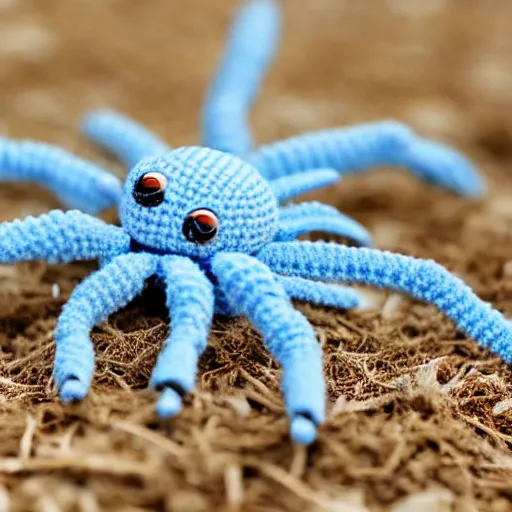 Image similar to cute fluffy light blue color spider with short arms and big eyes crochet doll standing on sand, hyperrealistic photograph, highly detailed, tactile, 8k, close up, macro