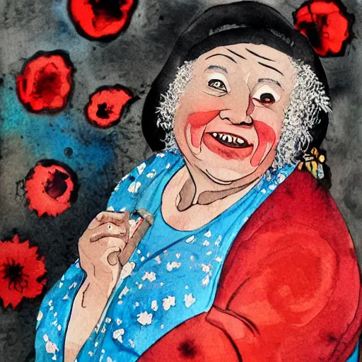 Image similar to of a very funny graffiti style watercolor painting of a sweet fat old woman is in love with her self. flowery dress. symmetrical face, red mouth, blue eyes. a flowery dress. deep focus, lovely scene. a very funny and sweet picture. unreal engine. pencil and ink. goya painting style.