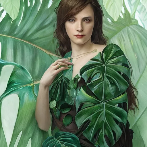 Prompt: a woman monstera druid with monstera leaf themed clothing, fully clothed, D&D, fantasy, intricate, cinematic lighting, highly detailed, digital painting, artstation, concept art, smooth, sharp focus, illustration, art by Artgerm and Greg Rutkowski and Alphonse Mucha