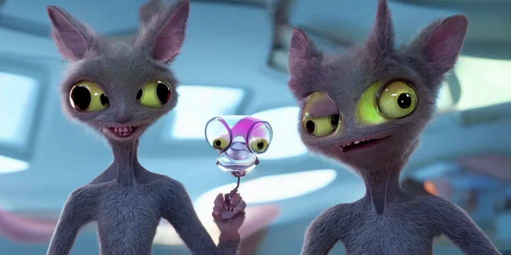 Image similar to furry cute alien creature, still from pixar movie