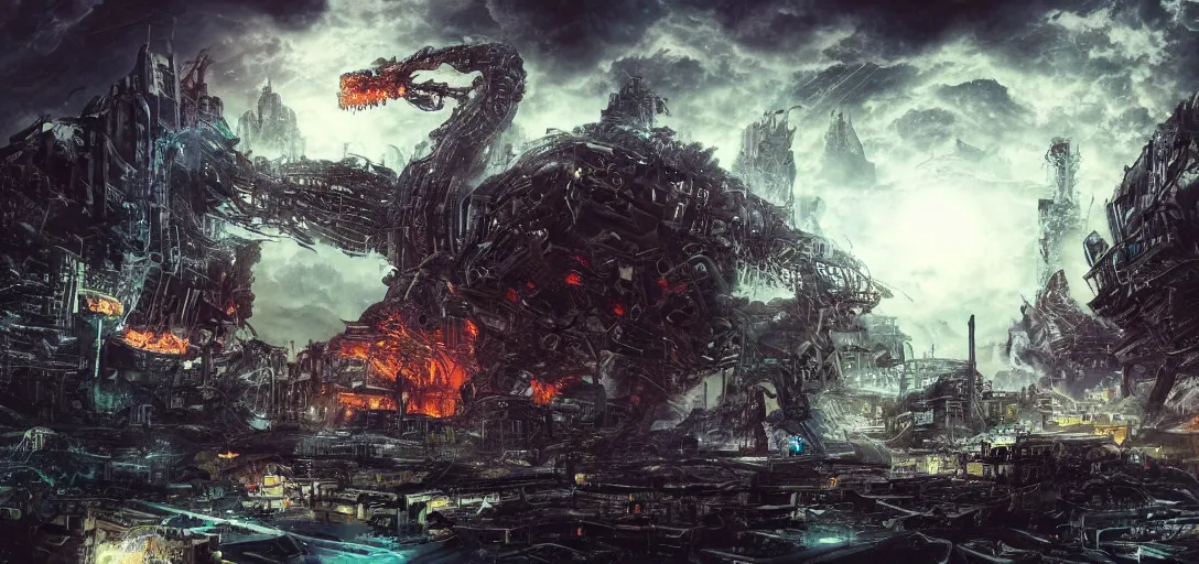 Image similar to a mecanic monster destroy a futurist city in the night, landscape, night, fire, dark fantasy, kaiju, apocalypse