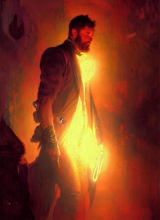 Image similar to illustration by gaston bussiere, gerome, craig mullins, greg rutkowski, john singer sargent. portrait of eddie munson joseph quinn. 8 0's neon retro. lights, glow, magical. dark background.