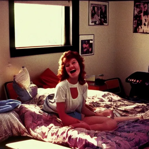 Image similar to 1 9 8 0 s college dorm room covered with posters from movies, pinups, bands, album covers, concert posters from the 1 9 8 0 s, light streaming in window, young woman laughing on bed.