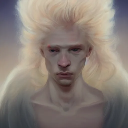 Image similar to a portrait of a beautiful androgynous blond man, albino pale white skin and long fluffy curly blond hair, Center parted curtain bangs, close up view, head and upper body, looking upward, fullface, light from above, by Peter Mohrbacher, trending on artstation, 8k