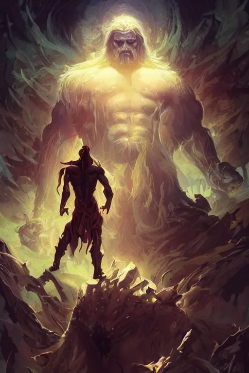 Prompt: clear portrait hulking herculean ogre jesus christ, model pose, bright color, sun shining through, sharp focus, highly detailed face, specular reflection, art by anato finnstark and lecouffe deharme and pete mohrbacher and quentin mabille and frank moth, fantasy illustrations, epic light novel cover art