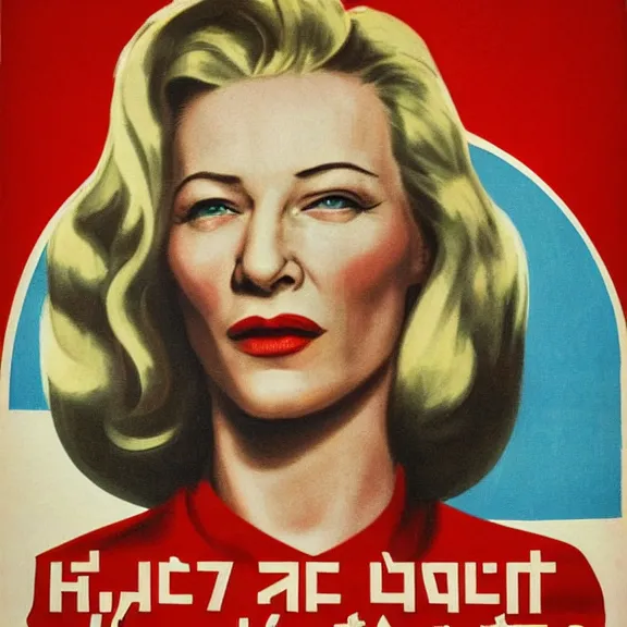 Image similar to soviet propaganda poster with cate blanchett calling on the world community to fight against Nazism, Ultra Detailed, high resolution, soviet realism