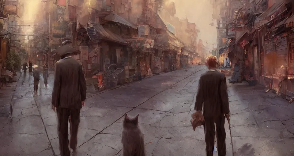 Prompt: craig mullins and ghibli digital art of american city, street, 1 9 2 0, sunset alley, the half - human, half - cat monster watches you, its body hidden in the shadow unreal engine, hyper realism, realistic shading, cinematic composition, realistic render, octane render, detailed textures, photorealistic, wide shot
