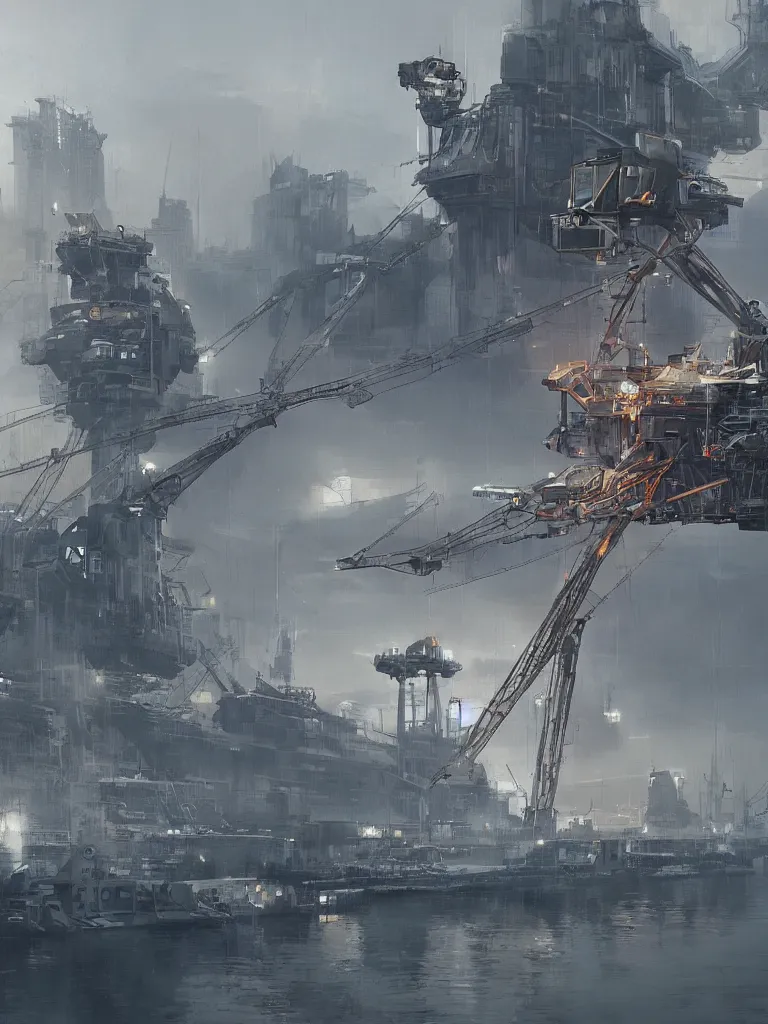 Image similar to a science fiction harbour, gigantic crane, james paick, trending on artstation