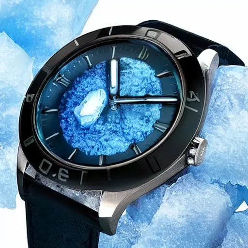 Image similar to a luxury wristwatch made out of blue ice, attached to a molten metal rod, unreal engine