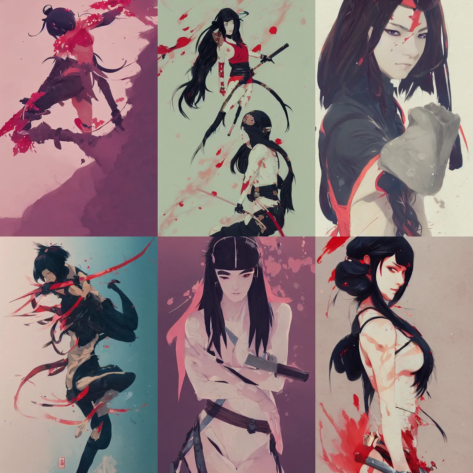 Prompt: a ultra detailed beautiful painting of a cute female ninja, feudal japanese setting, by conrad roset, greg rutkowski and makoto shinkai, trending on artstation, 8 k