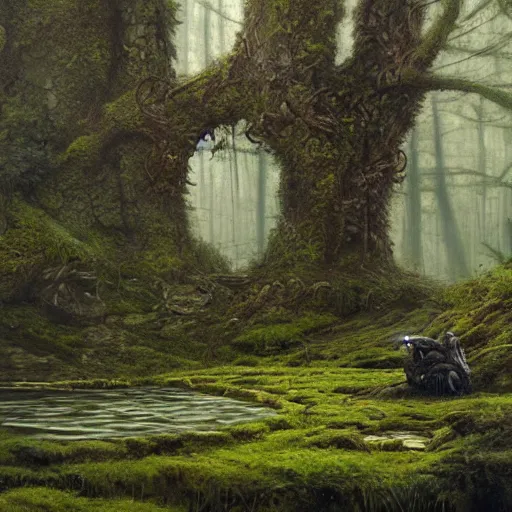 Image similar to ancient stone roboter overgrown with moss and farn resting beside a pond inside a forest, oil painting, by Greg Rutkowski