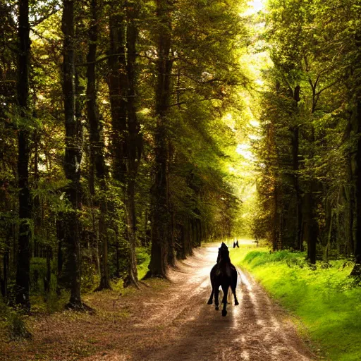 Prompt: An English knight in shining armor is riding a white horse along a path through a forest. It's noon. The sun shines brightly through the trees.