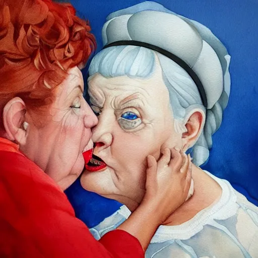 Image similar to a very funny stylize oil painting in cinematic style of a sweet fat old woman kissing her reflection. symmetry face, red mouth, blue eyes. flowery dress. hyper realistic scene. 3 d, octane render, deep focus, white scene. very funny and sweet image. unreal engine. watercolor. fellini style. poster quality. klee style.