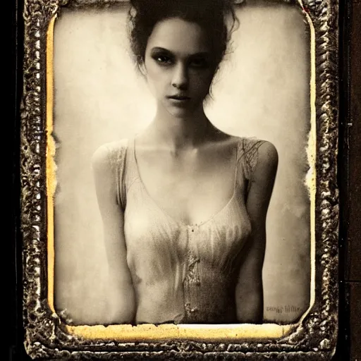 Image similar to old full frame duotone wetplate daguerreotype portrait of a beautiful woman, 3 0 years old, fractal, intricate, elegant, highly detailed, parallax, leica, subsurface scattering, by luis royo and greg rutkowski