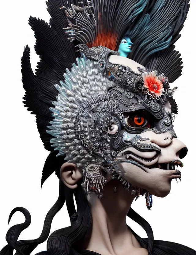 Image similar to 3 d goddess close - up profile portrait punk with mohawk with ram skull. beautiful intricately detailed japanese crow kitsune mask and clasical japanese kimono. betta fish, jellyfish phoenix, bio luminescent, plasma, ice, water, wind, creature, artwork by tooth wu and wlop and beeple and greg rutkowski