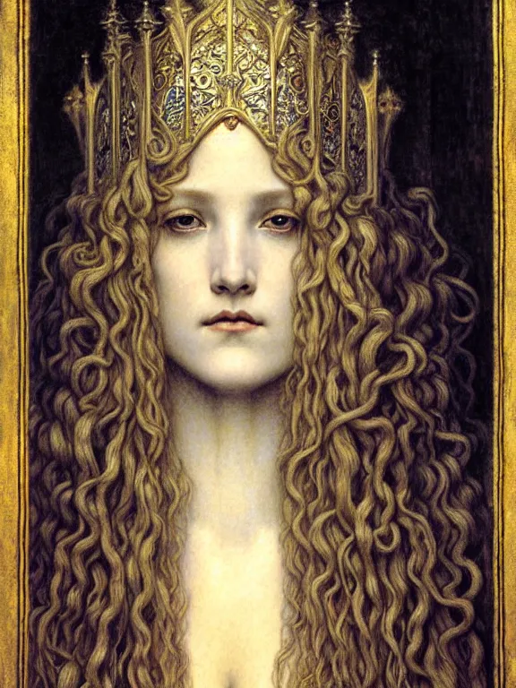 Image similar to detailed realistic beautiful young medieval queen face portrait by jean delville, gustave dore and marco mazzoni, art nouveau, symbolist, visionary, gothic, pre - raphaelite. horizontal symmetry