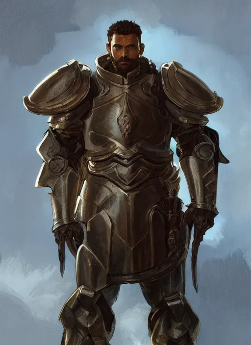 Prompt: medium-length portrait of a male paladin with short curly hair and a dark beard, dark brown skin, happy expression, wears a suit of power armor, medieval setting, highly detailed, digital painting, artstation, concept art, sharp focus, illustration, art by greg rutkowski and alphonse mucha