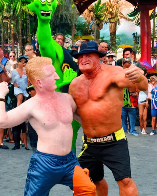 Prompt: michael rapaport in a yapapia indian strap match against hulk hogan at port aventura. photographic, photography