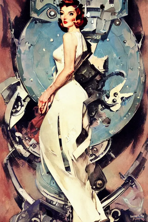 Image similar to 5 0 s pulp scifi fantasy illustration full body portrait elegant woman with biomech arms, by norman rockwell, daniel gerhartz, jack kirby, earle bergey, ruan jia, jason fabok, tom lovell, dean cornwell, raymond swanland, astounding stories, amazing, fantasy, other worlds