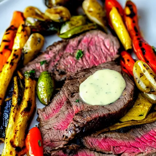 Prompt: delicious 3 2 mm zoomed in adversities photography of a large seared and smoked and seasoned steak well done, with a side seasoned grilled vegetables top in a creamy mozzarella cheese sauce, on a hot platter, very delicious