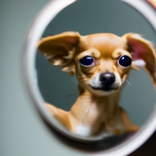 Prompt: a honey colored chihuahua puppy looking at his reflection in the mirror from the front