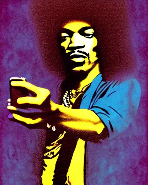 Prompt: grunge rock jimi hendrix taking a selfie with his iphone, instagram, tiktok, postmodern surrealist concert poster, grainy poster art, hand drawn matte painting by lynd ward and gary houston, smooth, sharp focus, extremely detailed, 2 4 mm.