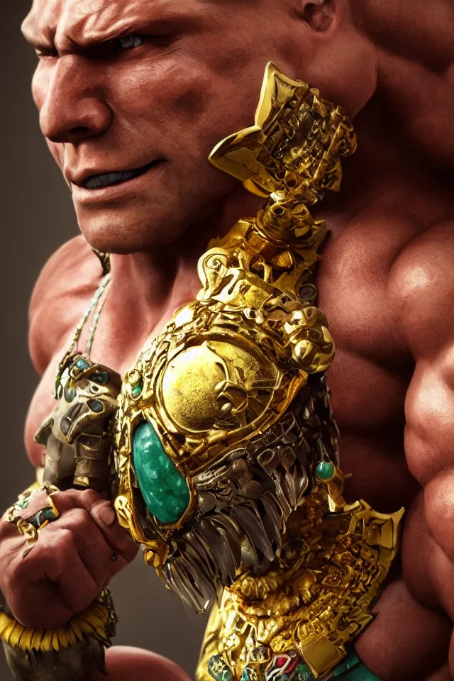 Prompt: A indigenous muscle man with skull head, gold and jade jewelry, feather crown, in the style of Z.W. Gu from trending on artstation, HD, Octane render, smooth, sharp focus, Anime style