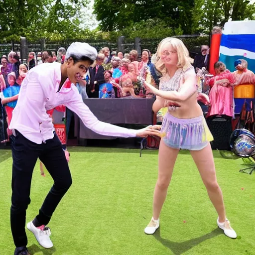 Prompt: Rishi Sunak and Liz Truss in a dance off, Rishi is serving Liz, it’s an 80s disco environment and there is a large crowd of pensioners watching 35mm 4k
