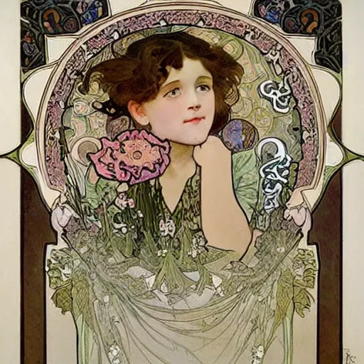 Image similar to art nouveau painting by Alphonse Mucha of a little girl with curly brown hair framed by flowers. Soft, muted colors, dreamy aesthetic.