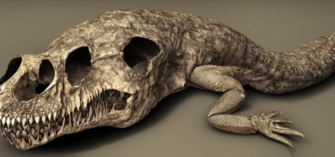 Prompt: huge hairy ((lizard)) with whale skull, 4K, realistic, scp, dark, horror, hair, hair, monster,