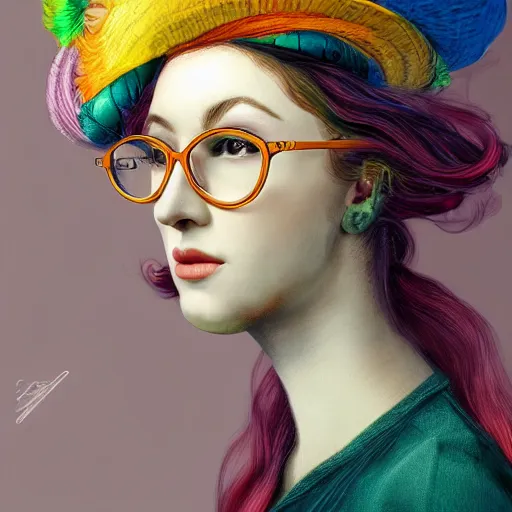 Prompt: a beautiful portrait with a big glasses and hair cover by a hat made by colourful wires ,inspired by baroque art, new classic,hyper realistic,fashion design, concept art, hdri, 4k -