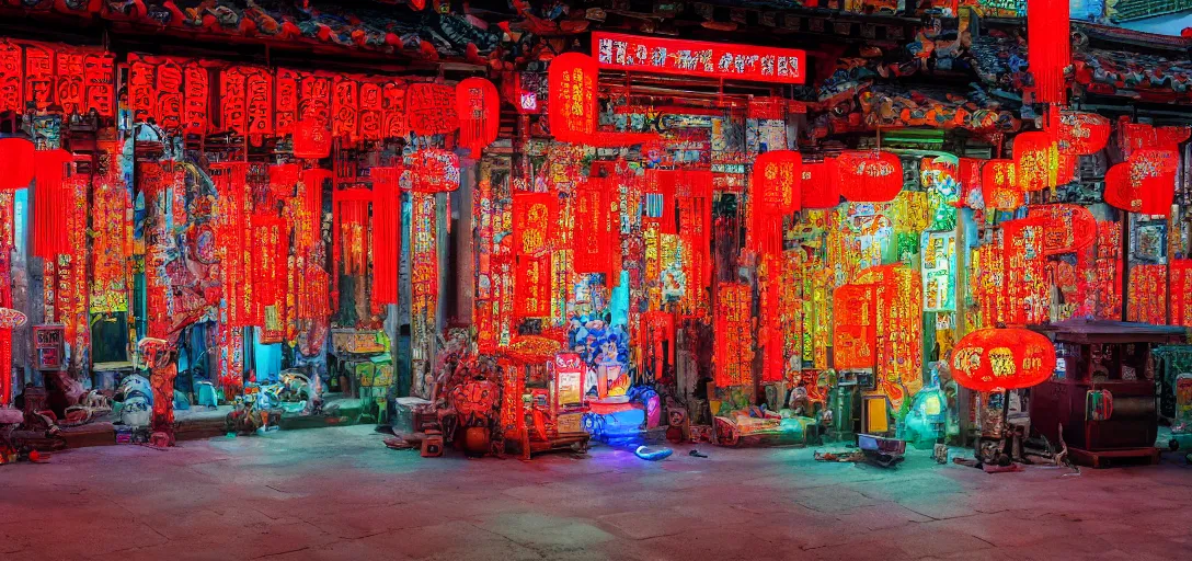 Image similar to ancient chinese cyberpunk shrine, photograph, ultra wide angle, sharp focus, intricate detail, drone shot, high resolution, 8 k, neon streetlights, holographic advertising board hanging everywhere, vivid color