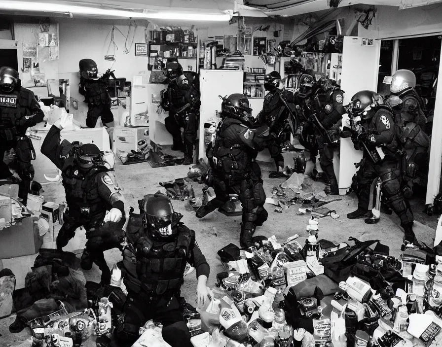 Prompt: Alex Jones in his garage office inventing conspiracy theories, surrounded by boxes of herbal supplements and trash and TVs, a group of SWAT police kicking in the door, tear gas and smoke, alex jones fighting police, detailed photograph high quality