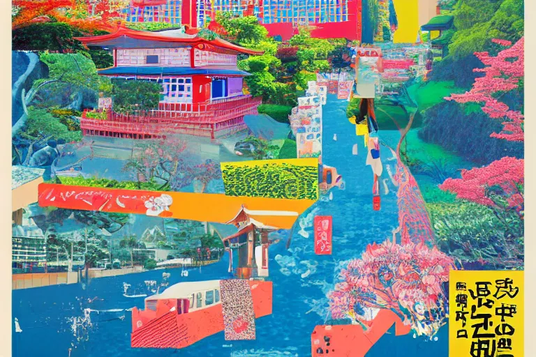 Prompt: award winning graphic design poster, photocollage art depicting a variety of japan travel, beauty, tastes, crafts and more, photocollage painting by National Geographic and David Hockney