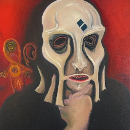 Image similar to portre of an autistic demon, masonic and kabalistic symbols in background, oil painting, on canvas