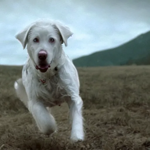 Image similar to movie still of white swiss shepperd dog cyborg, cinematic composition, cinematic light, criterion collection, by edgar wright