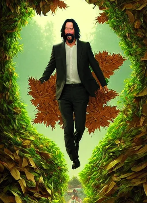 Image similar to highly detailed comedy caper movie poster with silly wacky zany keanu reeves as a sentient pile of leaves, keanu reeves green face as a sentient leafy bush by greg rutkowski, masterpiece, really funny, 1 0 / 1 0 comedy