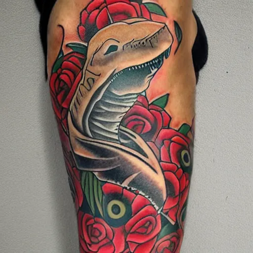 Image similar to A Maori tattoo depicting a shark, a guitar, some roses and gold coins