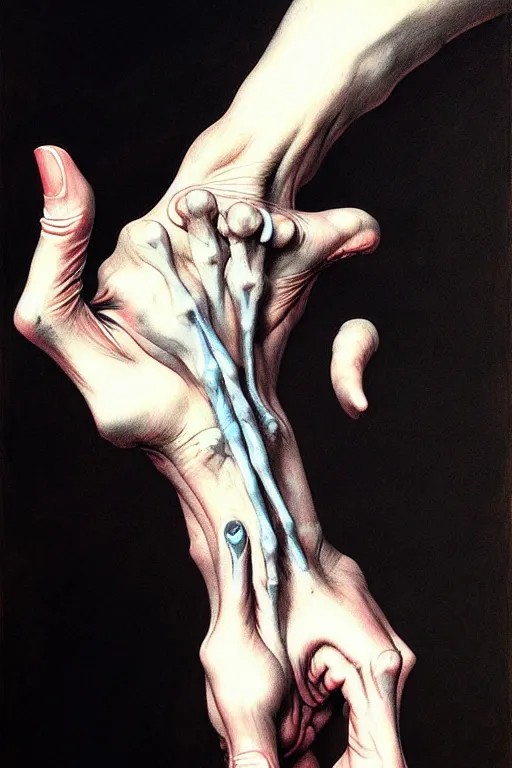 Image similar to human hand artists anatomy in the style of wayne barlowe, gustav moreau, goward, bussiere, roberto ferri, santiago caruso, luis ricardo falero, dali